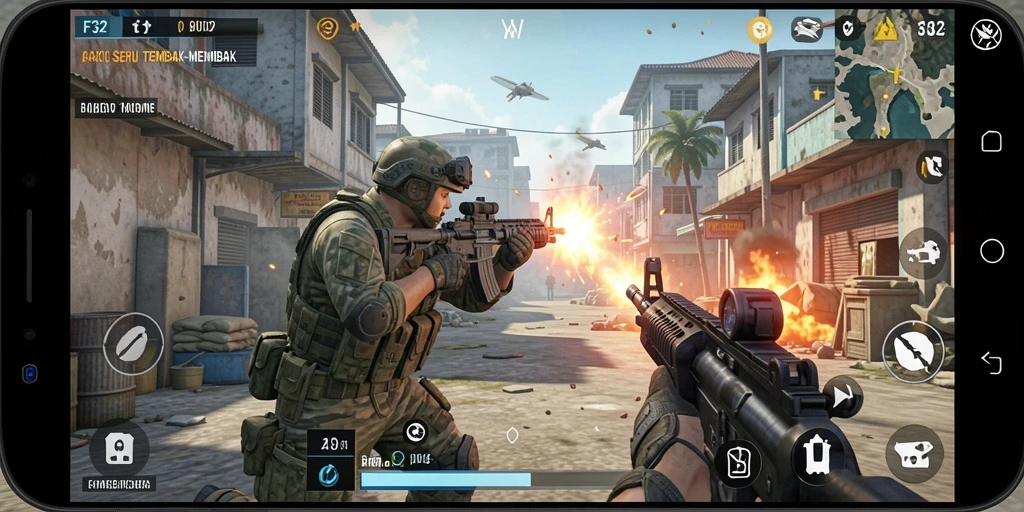 Gameplay F32 yang mendebarkan dan penuh aksi tembak-menembak.