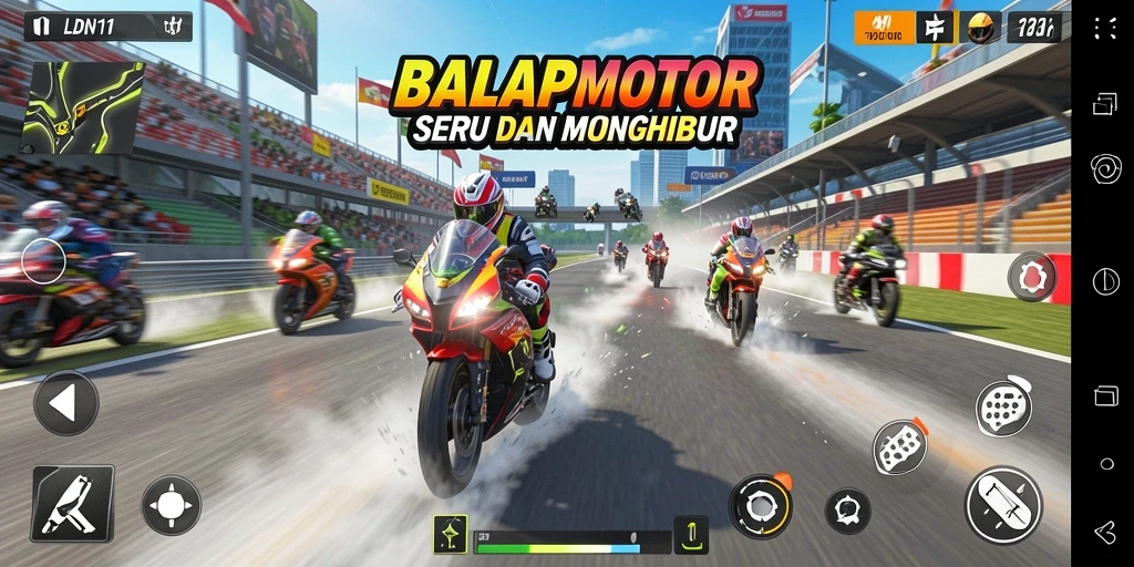 Tampilan gameplay seru dari LDN11 dengan balapan motor yang mendebarkan.