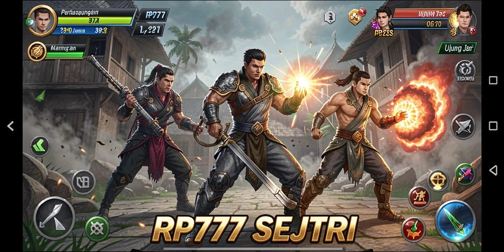 Screenshot utama RP777 menampilkan pertarungan karakter yang mendebarkan.