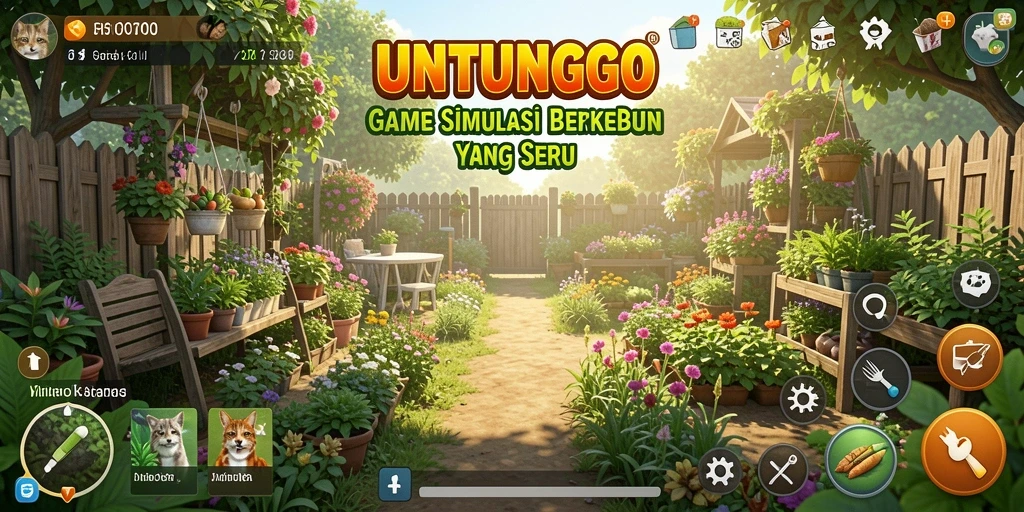Screenshot UNTUNGGO menampilkan kebun yang indah dan hasil panen melimpah.